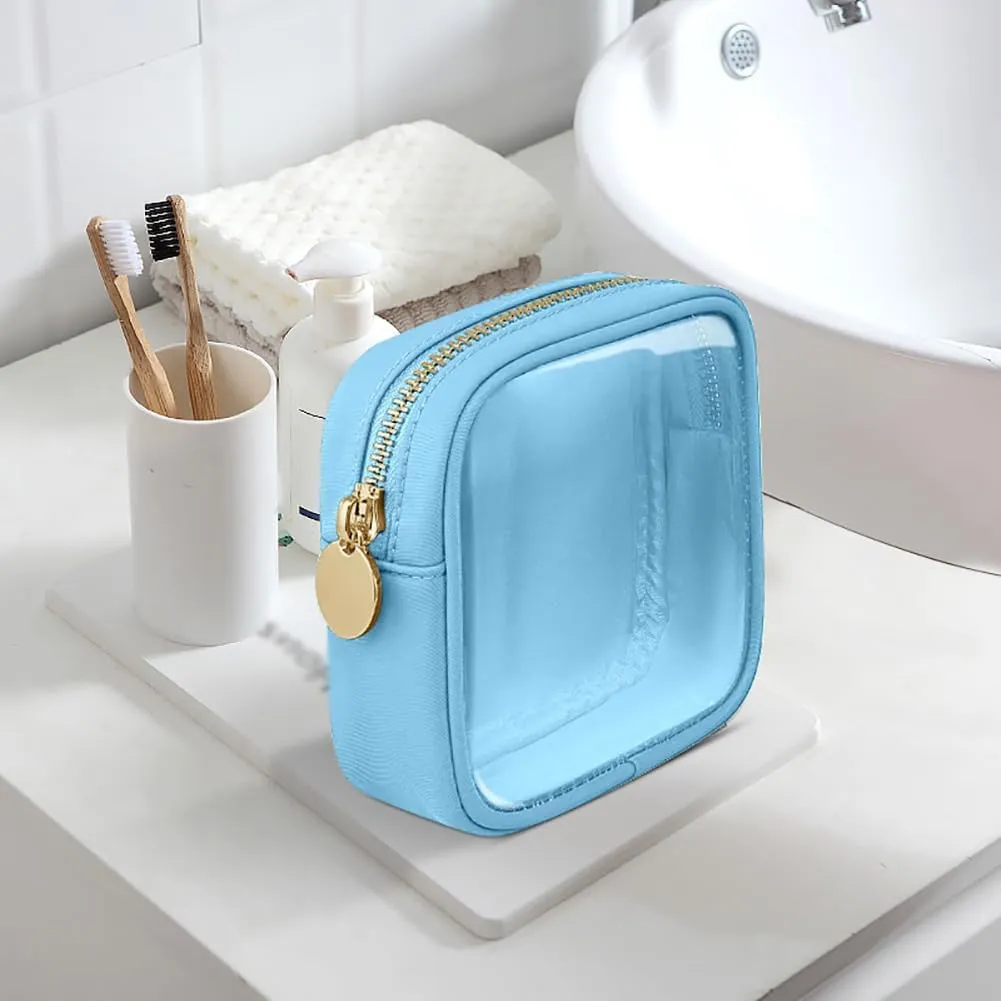 GSHLLO Small Nylon PVC Cosmetic Travel Bag Mini Clear Makeup Bag Waterproof Toiletry Storage Clutch Coin Zipper Pouch Beauty Skincare Bag for Women Girls Coffee