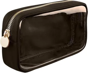 GSHLLO Small Nylon PVC Cosmetic Travel Bag Mini Clear Makeup Bag Waterproof Toiletry Storage Clutch Coin Zipper Pouch Beauty Skincare Bag for Women Girls Coffee