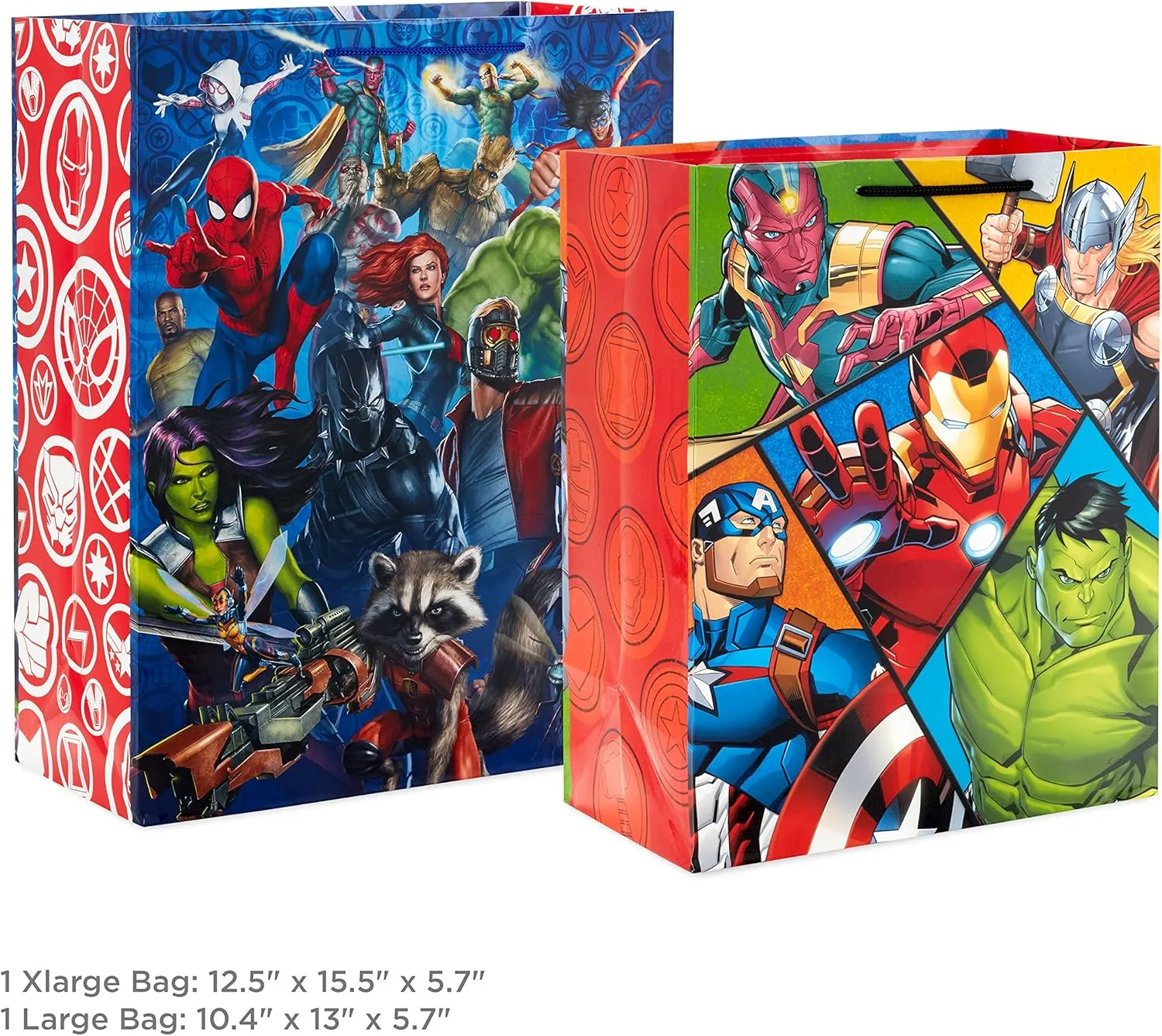 Hallmark Marvel Avengers Superhero Gift Bag Set (1 Large 13" Bag and 1 Extra Large 15" Bag) with Spider-Man, Hulk, Thor, Iron Man for Birthdays, Christmas, Halloween