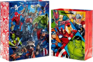 Hallmark Marvel Avengers Superhero Gift Bag Set (1 Large 13" Bag and 1 Extra Large 15" Bag) with Spider-Man, Hulk, Thor, Iron Man for Birthdays, Christmas, Halloween