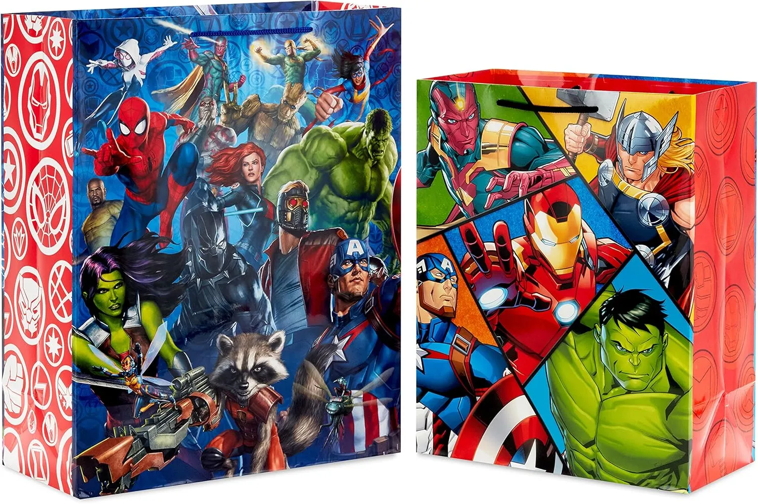 Hallmark Marvel Avengers Superhero Gift Bag Set (1 Large 13" Bag and 1 Extra Large 15" Bag) with Spider-Man, Hulk, Thor, Iron Man for Birthdays, Christmas, Halloween