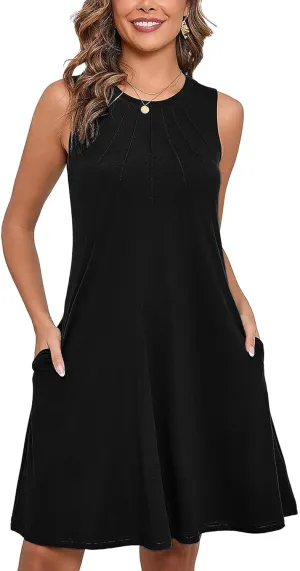 Heymoments Women's Summer Sleeveless Crew Neck Midi Dresses Casual Loose Fitted Tank Sundress with Pockets