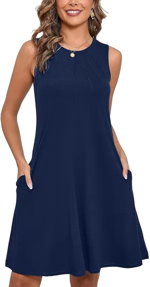Heymoments Women's Summer Sleeveless Crew Neck Midi Dresses Casual Loose Fitted Tank Sundress with Pockets