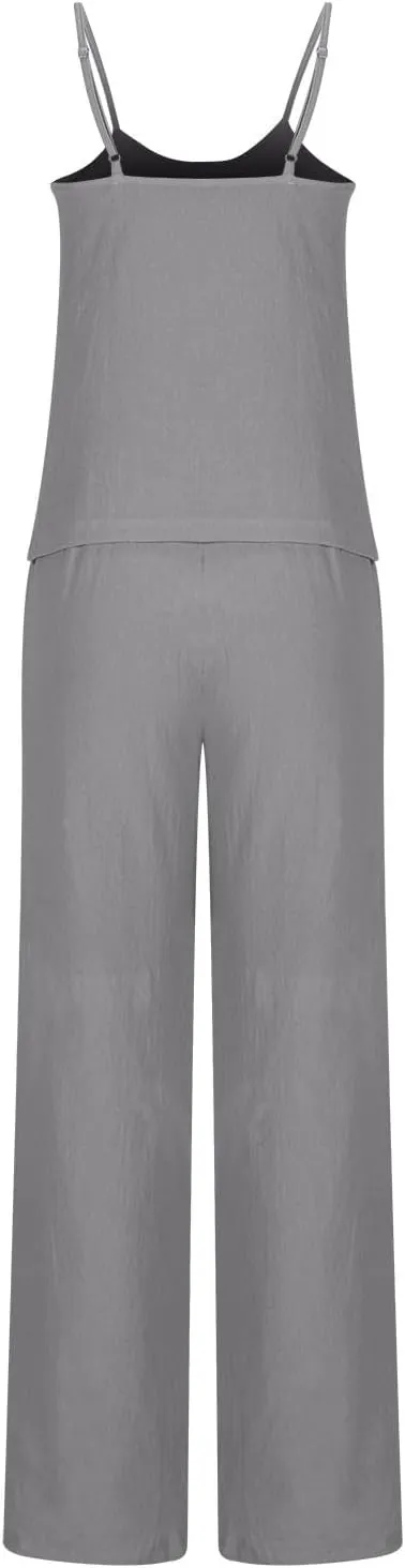HGps8w Women's Cotton Linen Pajamas Sets Loose Cami Top & Long Pants Pjs Comfy Camisole Sleepwear Lounge Sets