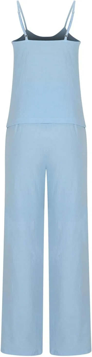 HGps8w Women's Cotton Linen Pajamas Sets Loose Cami Top & Long Pants Pjs Comfy Camisole Sleepwear Lounge Sets