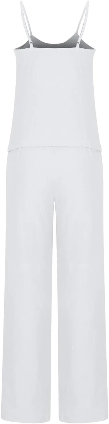 HGps8w Women's Cotton Linen Pajamas Sets Loose Cami Top & Long Pants Pjs Comfy Camisole Sleepwear Lounge Sets
