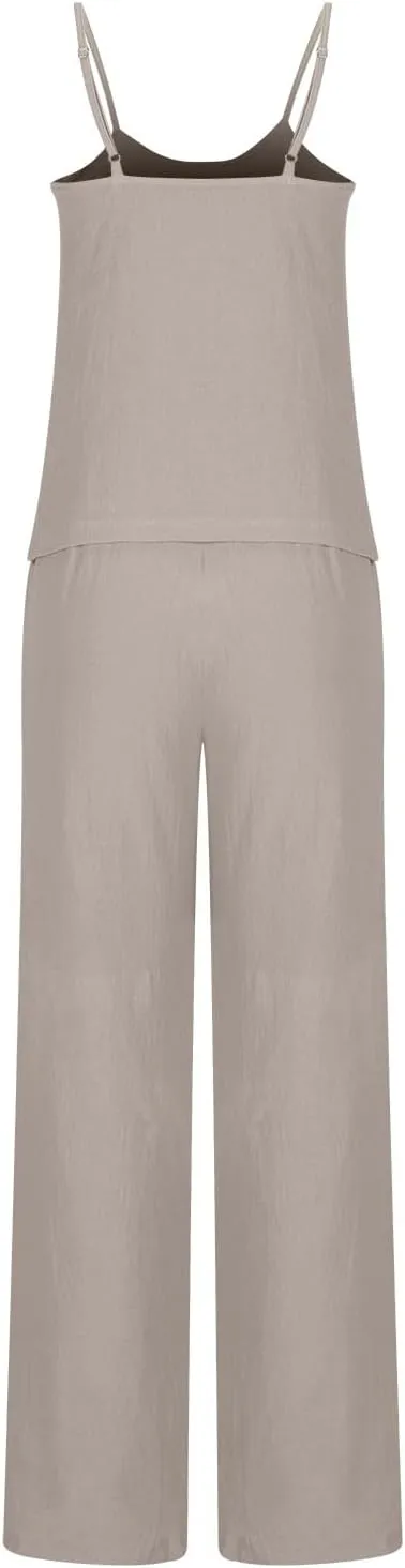 HGps8w Women's Cotton Linen Pajamas Sets Loose Cami Top & Long Pants Pjs Comfy Camisole Sleepwear Lounge Sets