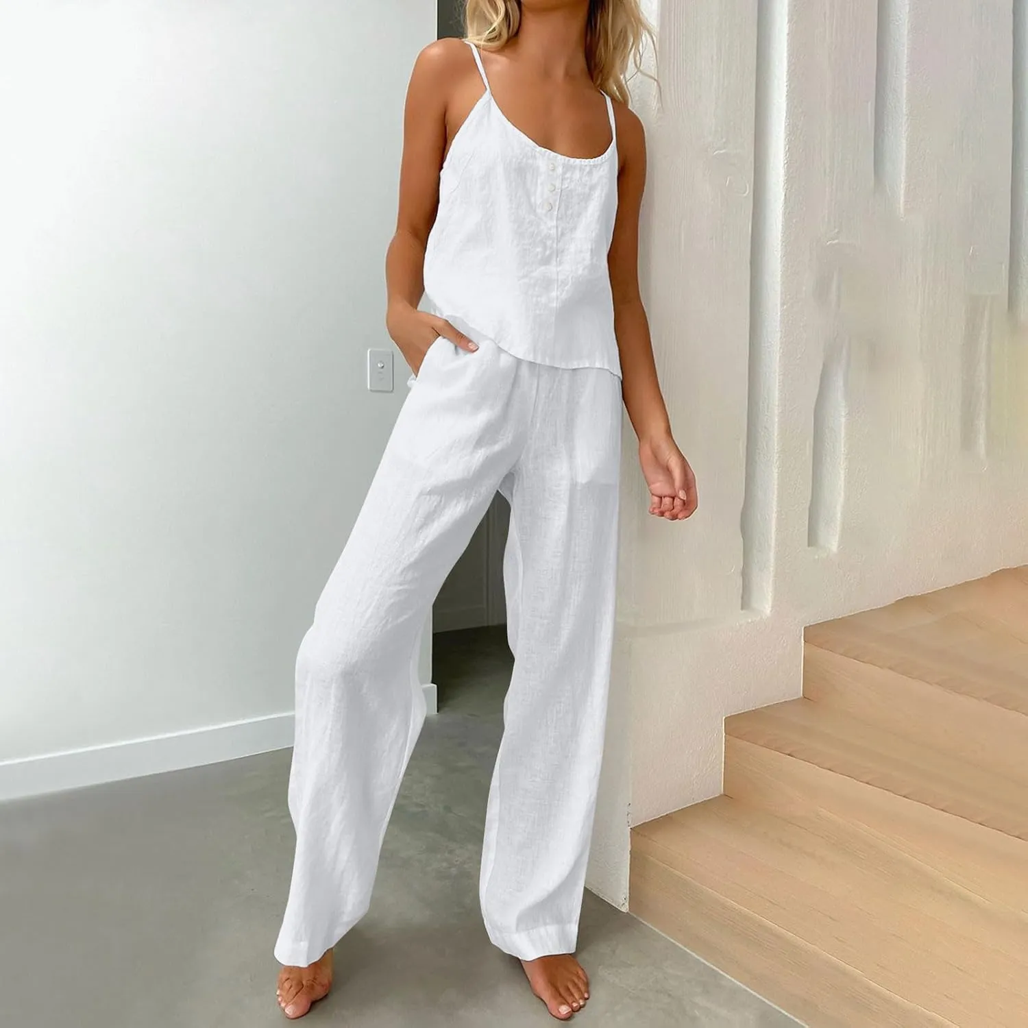 HGps8w Women's Cotton Linen Pajamas Sets Loose Cami Top & Long Pants Pjs Comfy Camisole Sleepwear Lounge Sets