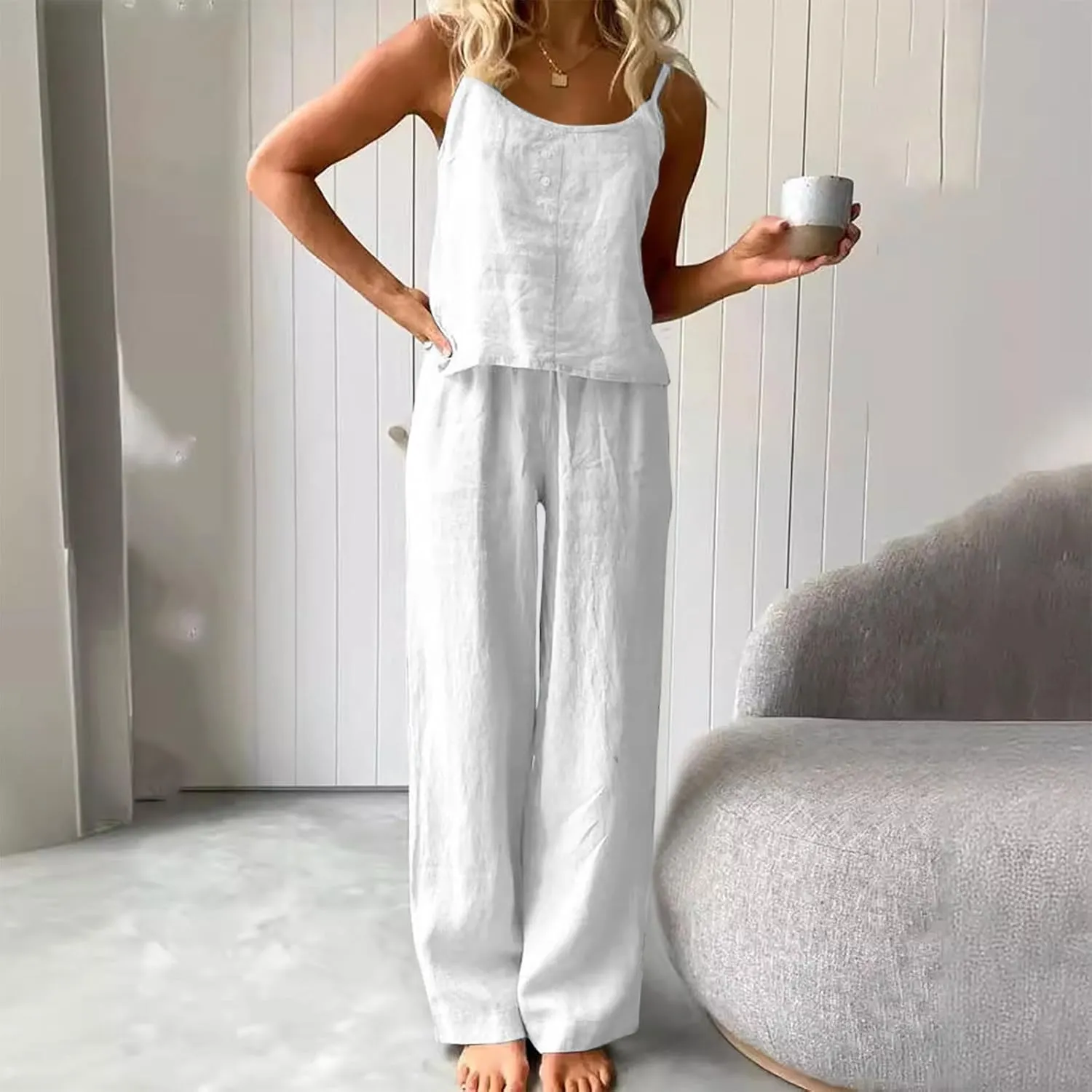 HGps8w Women's Cotton Linen Pajamas Sets Loose Cami Top & Long Pants Pjs Comfy Camisole Sleepwear Lounge Sets