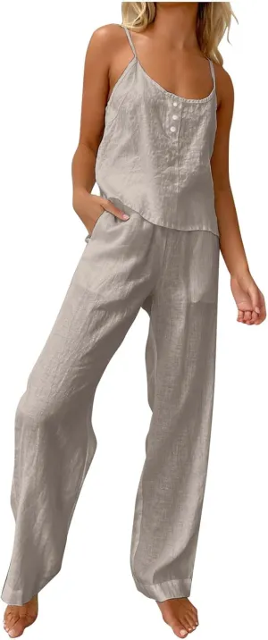 HGps8w Women's Cotton Linen Pajamas Sets Loose Cami Top & Long Pants Pjs Comfy Camisole Sleepwear Lounge Sets