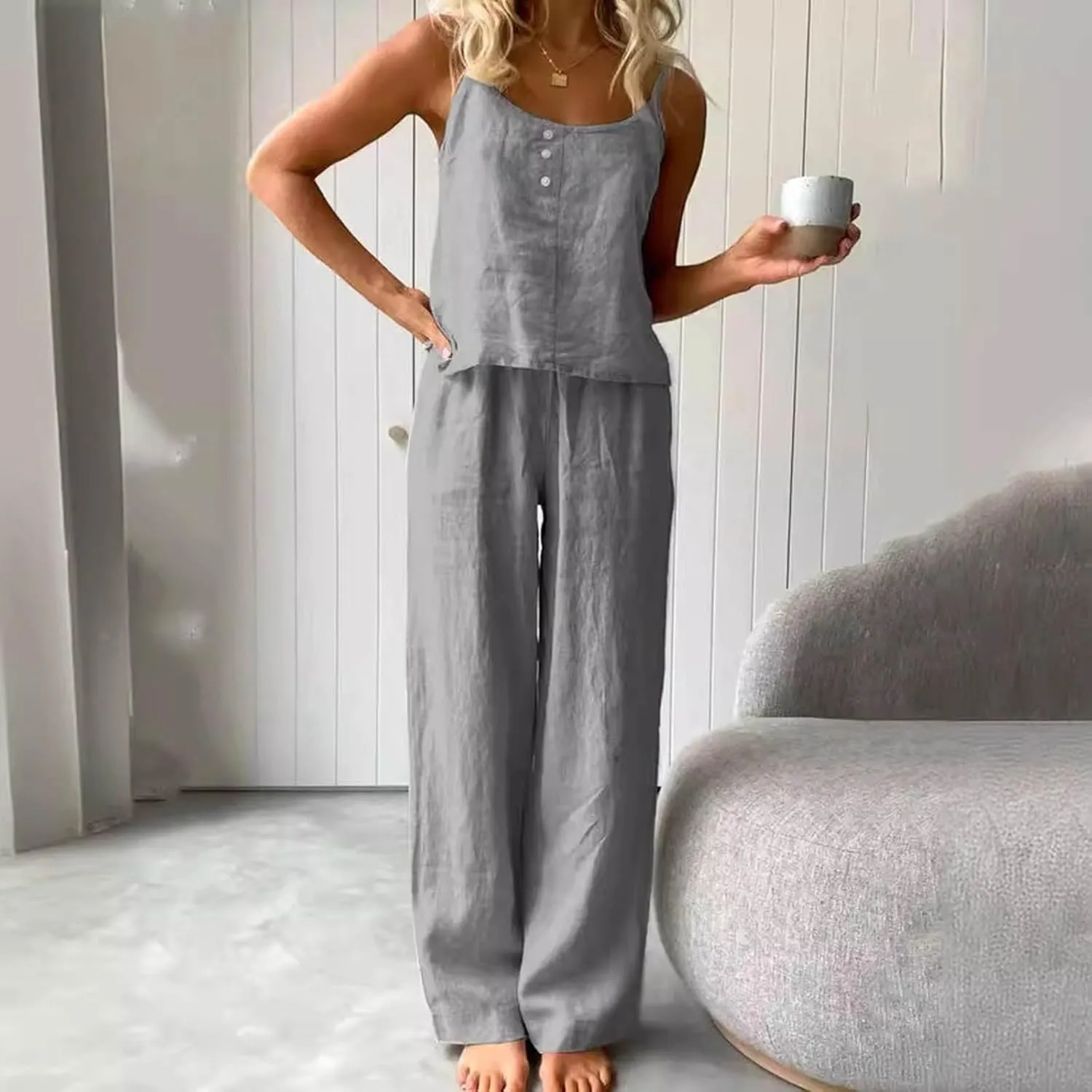 HGps8w Women's Cotton Linen Pajamas Sets Loose Cami Top & Long Pants Pjs Comfy Camisole Sleepwear Lounge Sets
