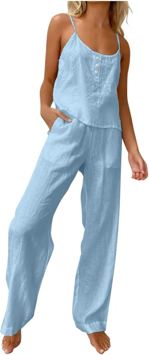 HGps8w Women's Cotton Linen Pajamas Sets Loose Cami Top & Long Pants Pjs Comfy Camisole Sleepwear Lounge Sets