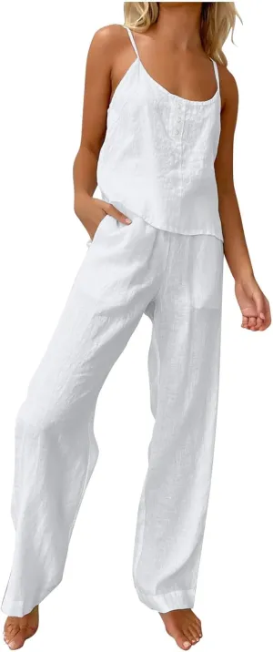 HGps8w Women's Cotton Linen Pajamas Sets Loose Cami Top & Long Pants Pjs Comfy Camisole Sleepwear Lounge Sets