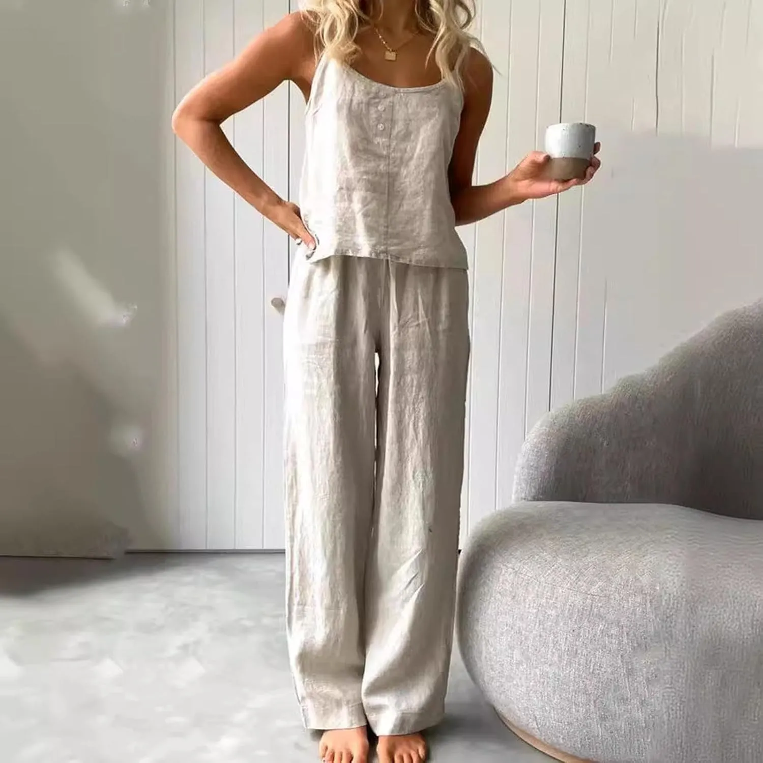 HGps8w Women's Cotton Linen Pajamas Sets Loose Cami Top & Long Pants Pjs Comfy Camisole Sleepwear Lounge Sets