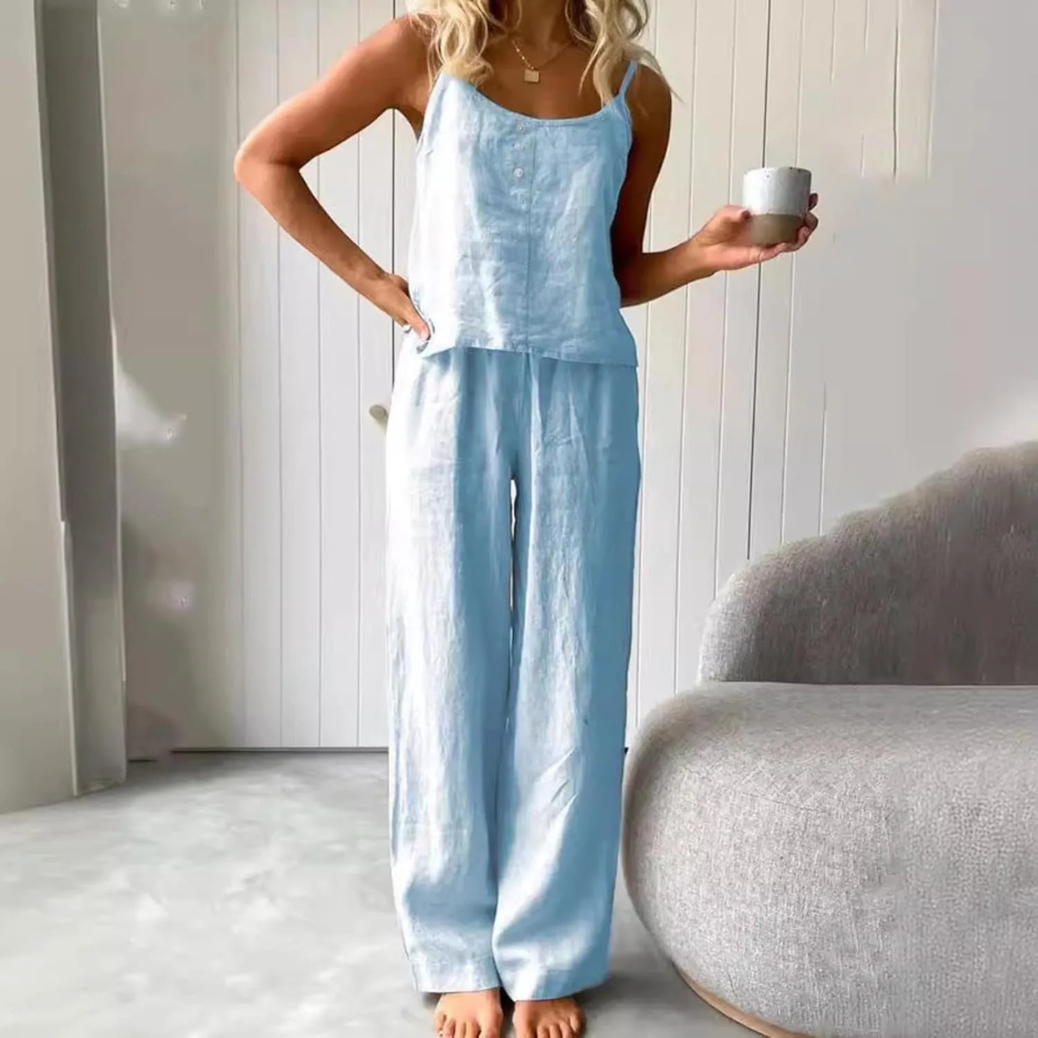 HGps8w Women's Cotton Linen Pajamas Sets Loose Cami Top & Long Pants Pjs Comfy Camisole Sleepwear Lounge Sets