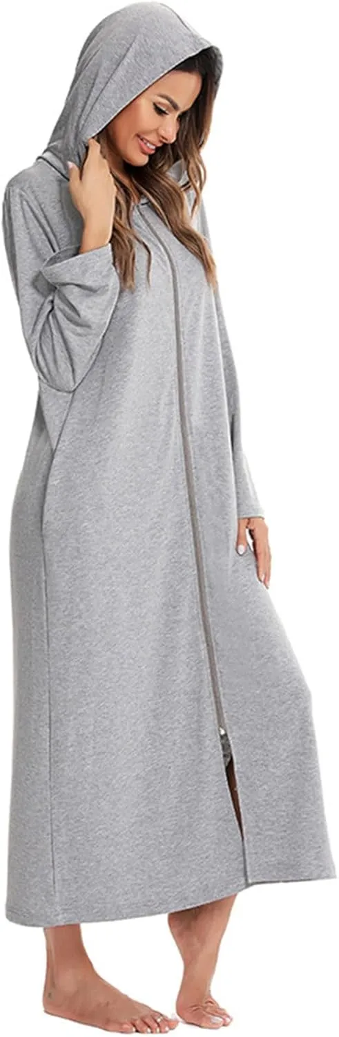HGps8w Women's Nightshirt Long Sleeve Hoodies Nightgown Zipper Front Sleepwear Pajama Dress with Pockets Soft Loungewear