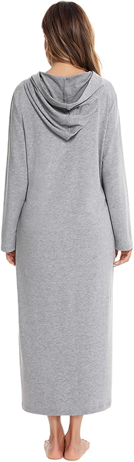 HGps8w Women's Nightshirt Long Sleeve Hoodies Nightgown Zipper Front Sleepwear Pajama Dress with Pockets Soft Loungewear