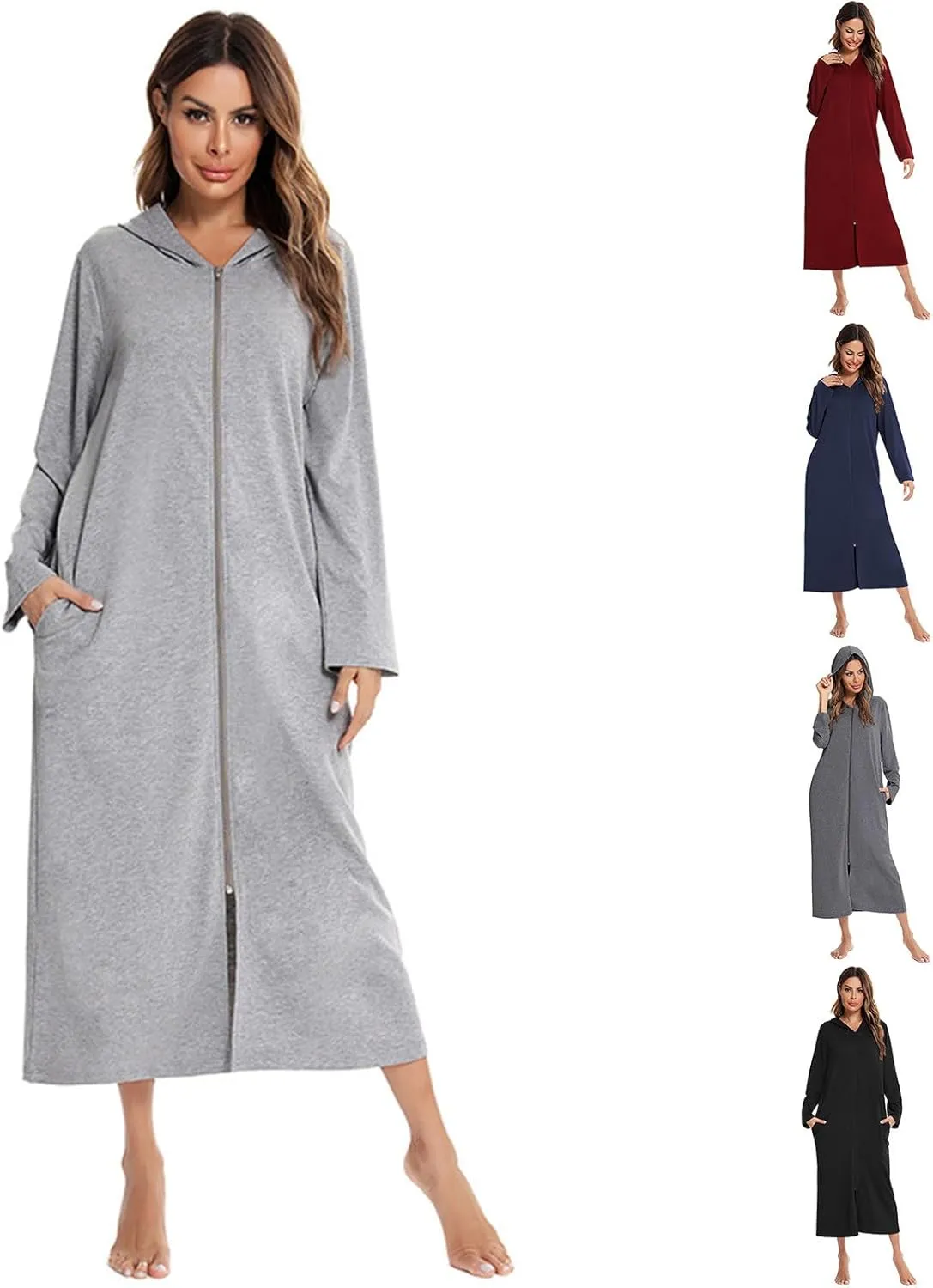 HGps8w Women's Nightshirt Long Sleeve Hoodies Nightgown Zipper Front Sleepwear Pajama Dress with Pockets Soft Loungewear