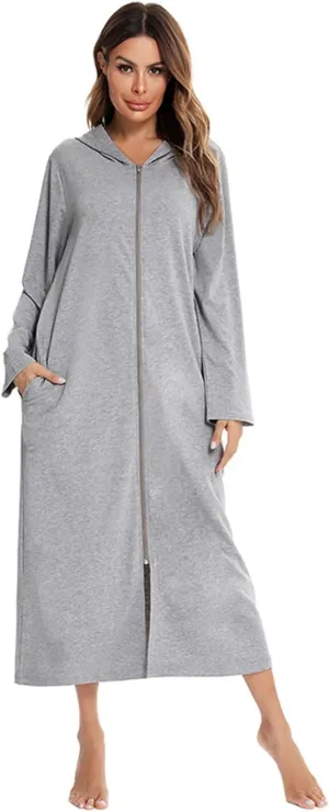 HGps8w Women's Nightshirt Long Sleeve Hoodies Nightgown Zipper Front Sleepwear Pajama Dress with Pockets Soft Loungewear