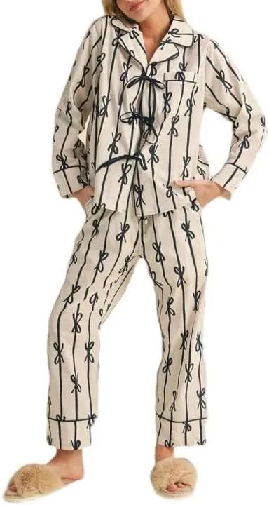 Holiday Bow Pajamas for Women Satin Silk 2 Piece Cute Festival Print Pjs Long Sleeve Button Shirts and Pj Pants Set