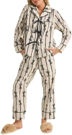 Holiday Bow Pajamas for Women Satin Silk 2 Piece Cute Festival Print Pjs Long Sleeve Button Shirts and Pj Pants Set