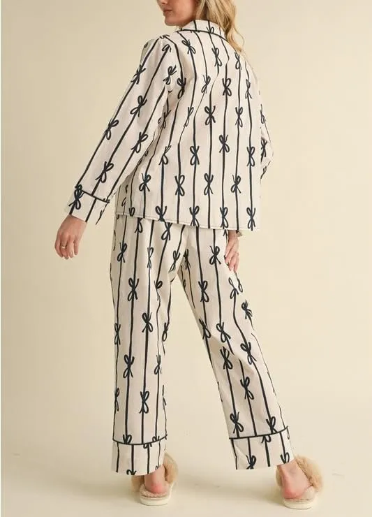 Holiday Bow Pajamas for Women Satin Silk 2 Piece Cute Festival Print Pjs Long Sleeve Button Shirts and Pj Pants Set