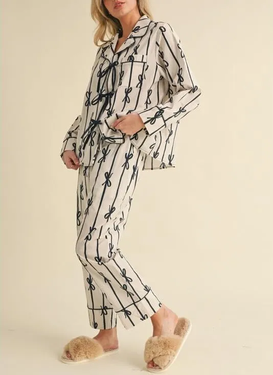 Holiday Bow Pajamas for Women Satin Silk 2 Piece Cute Festival Print Pjs Long Sleeve Button Shirts and Pj Pants Set