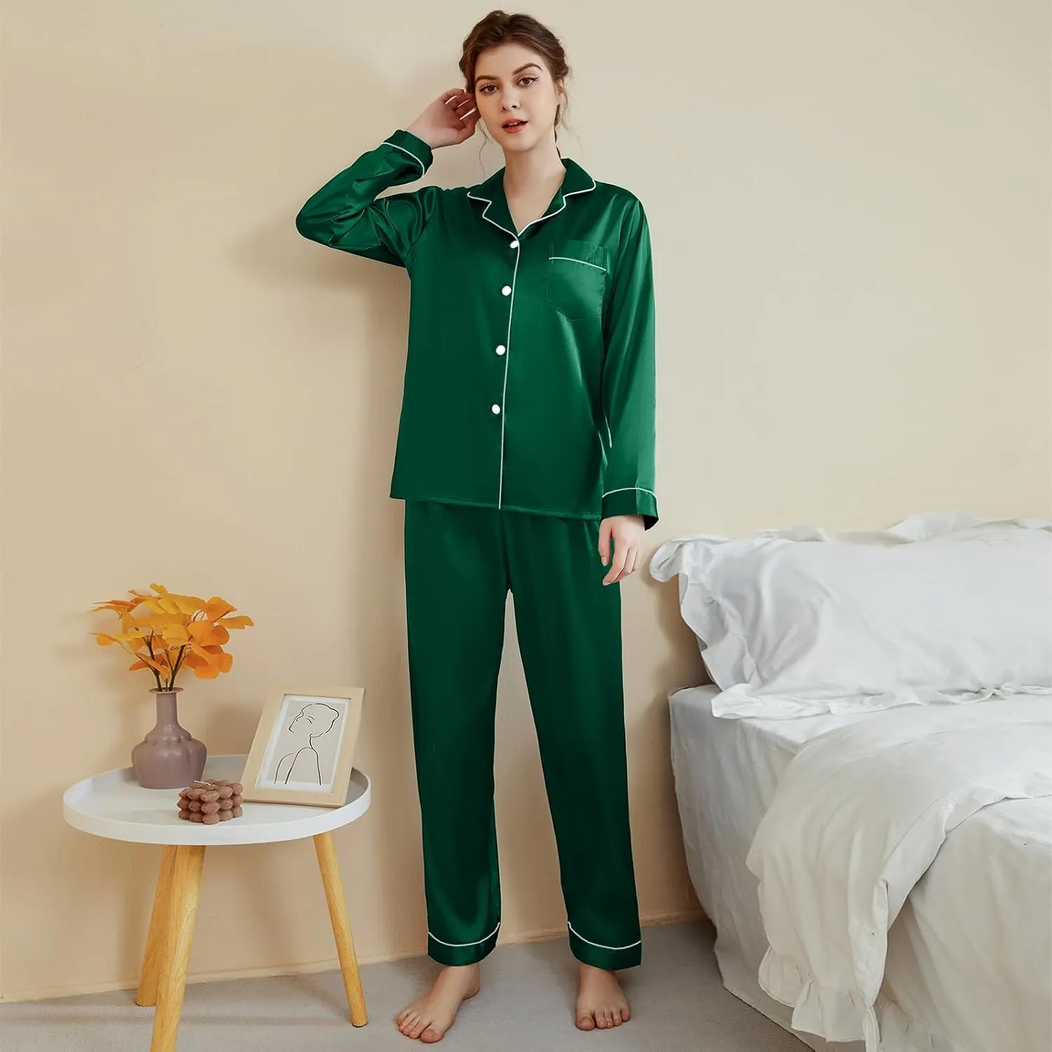IFFEI Family Silk Satin Pajamas Matching Sets Long Sleeve Pjs for Couples 2 Piece Buttons Kids Christmas Pajamas with Pocket