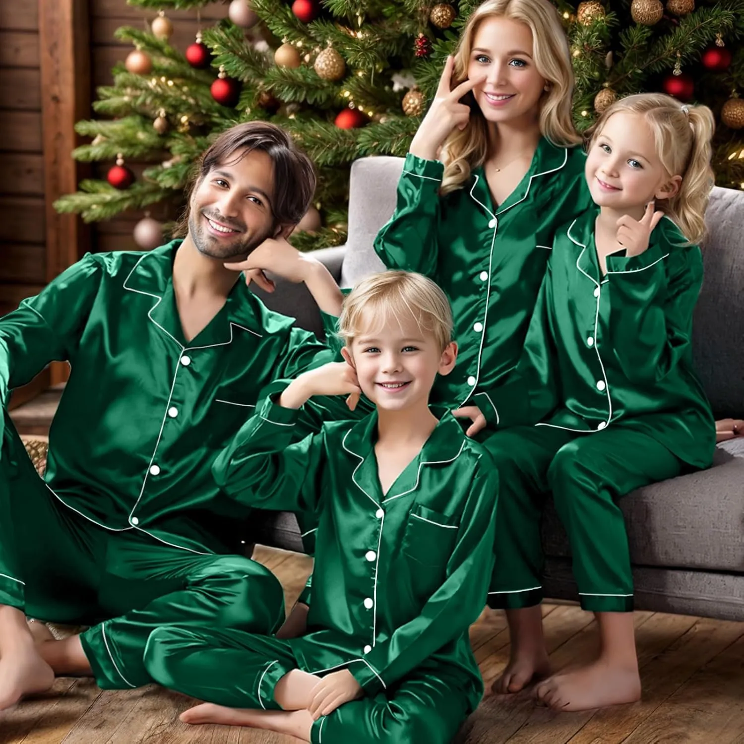IFFEI Family Silk Satin Pajamas Matching Sets Long Sleeve Pjs for Couples 2 Piece Buttons Kids Christmas Pajamas with Pocket
