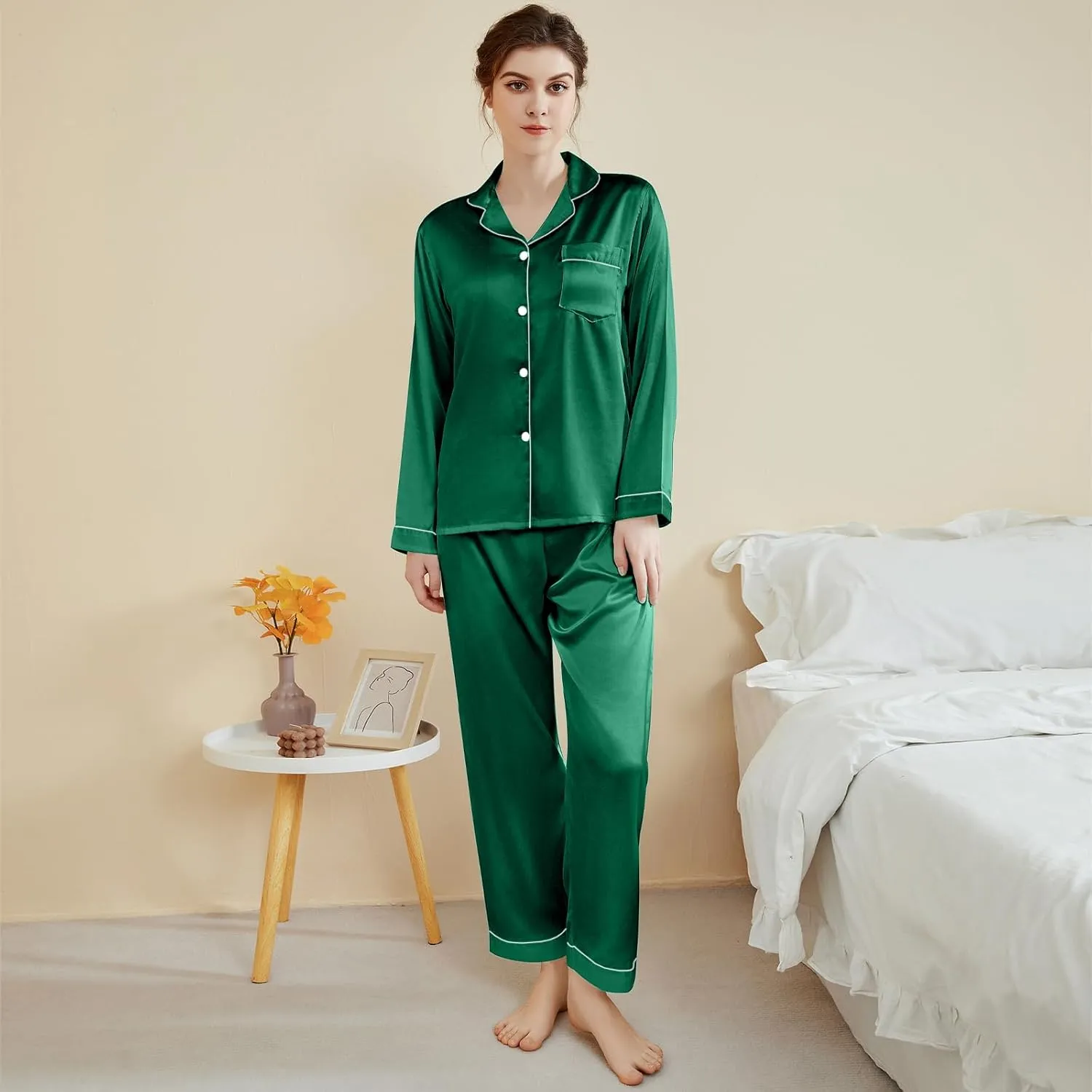 IFFEI Family Silk Satin Pajamas Matching Sets Long Sleeve Pjs for Couples 2 Piece Buttons Kids Christmas Pajamas with Pocket