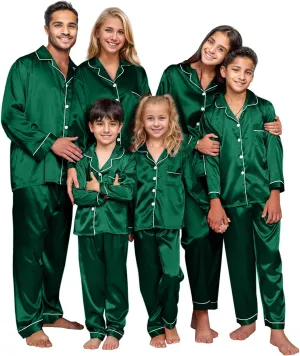 IFFEI Family Silk Satin Pajamas Matching Sets Long Sleeve Pjs for Couples 2 Piece Buttons Kids Christmas Pajamas with Pocket