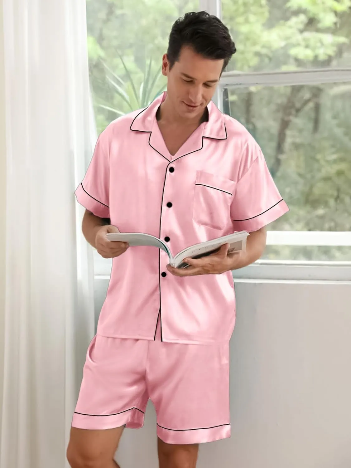 IFFEI Matching Family Silk Pajamas Set Satin Button Down Loungewear 2 Piece Top and Shorts Pjs for Couples with Pocket