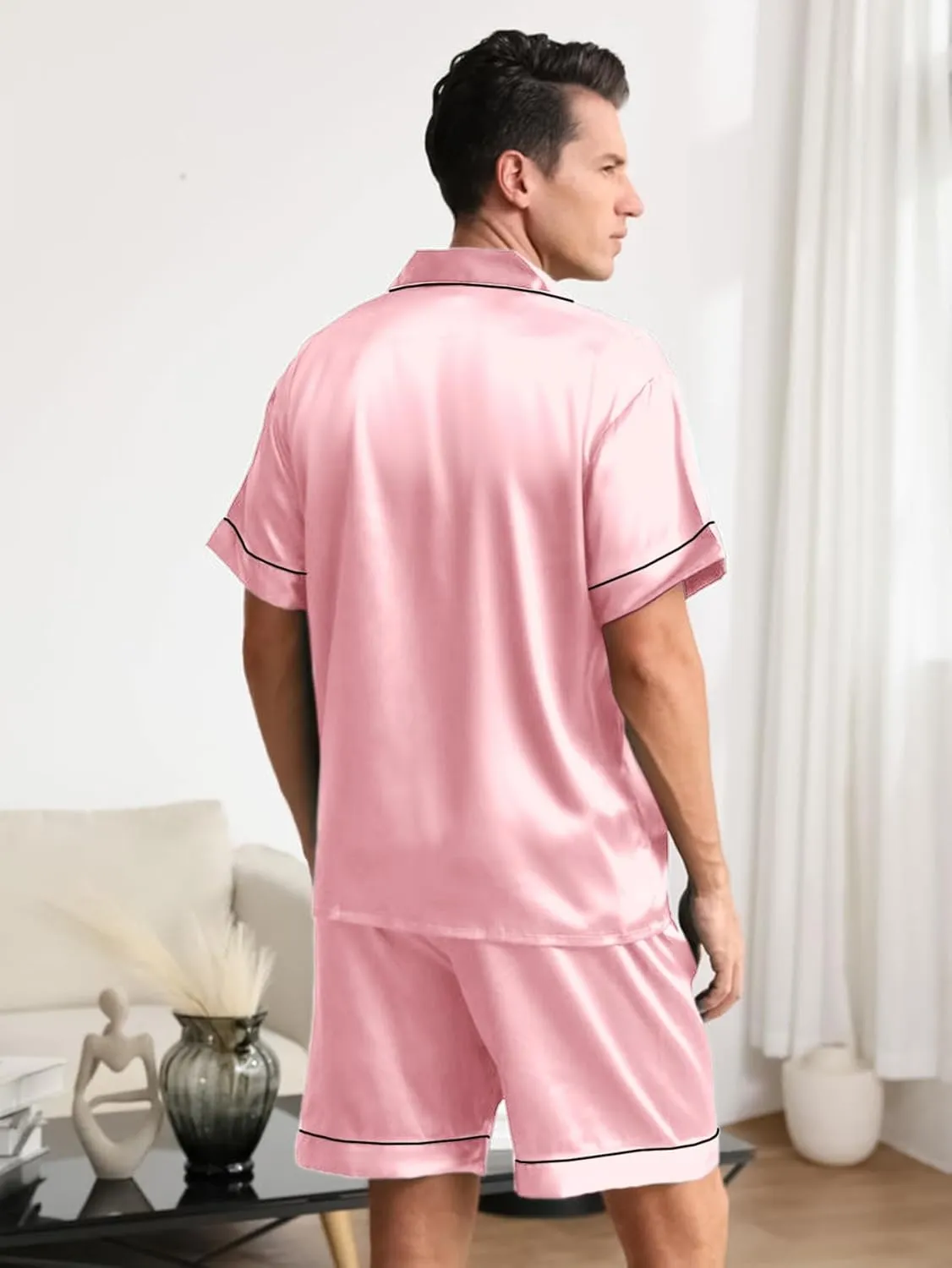 IFFEI Matching Family Silk Pajamas Set Satin Button Down Loungewear 2 Piece Top and Shorts Pjs for Couples with Pocket