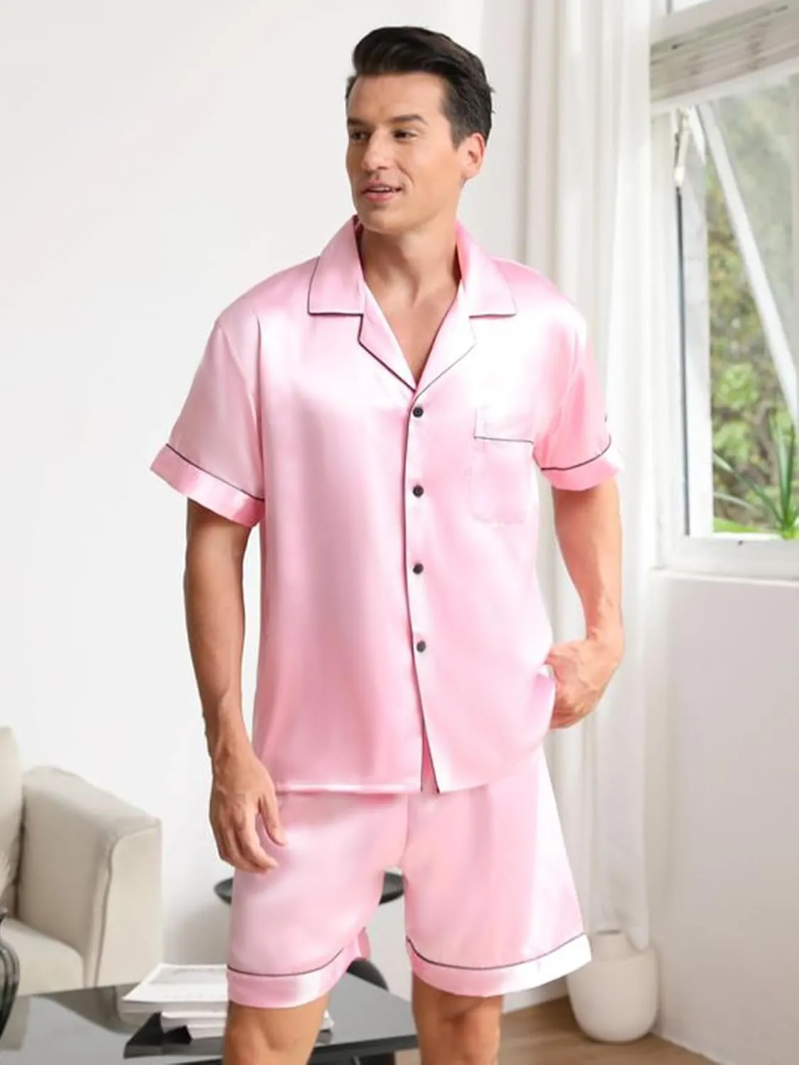 IFFEI Matching Family Silk Pajamas Set Satin Button Down Loungewear 2 Piece Top and Shorts Pjs for Couples with Pocket
