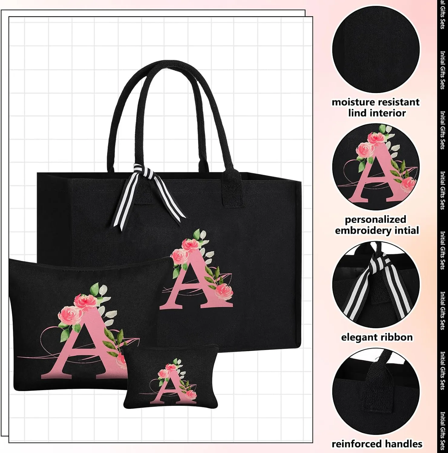 Initial Canvas Tote Bag for Women Personalized Birthday Gift Makeup Bag Monogram Initial Tumbler for Mother Bridesmaid(Letter A)