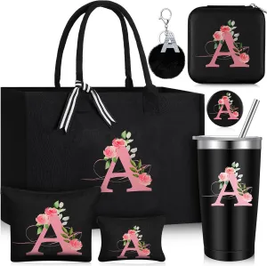 Initial Canvas Tote Bag for Women Personalized Birthday Gift Makeup Bag Monogram Initial Tumbler for Mother Bridesmaid(Letter A)