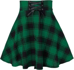 Irish Tartan Skirts for Women Gothic High Waisted Cross Tied Plaid A Line Pleated Mini Short Skirt