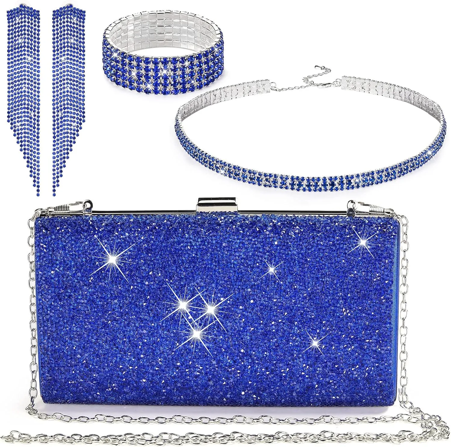 Jadive 4 Pcs Clutch Purse for Women Evening Bag Formal Rhinestone Clutch Bracelet Choker for Wedding Party Gift