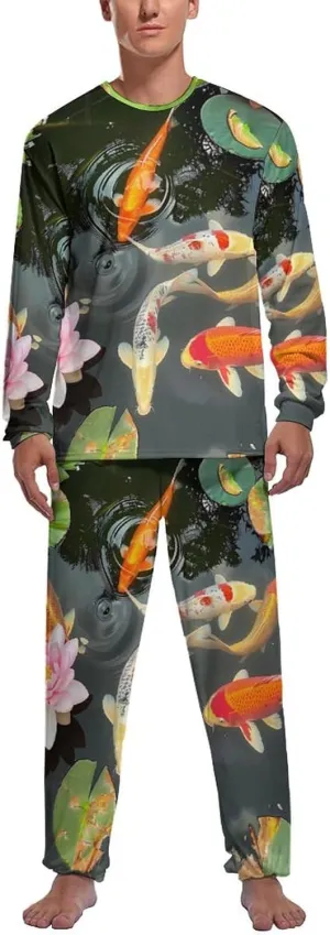 Japanese Fish Lotuses Men's Pajama Set Comfy Pj Sets Long Sleeve Top And Trousers Loungewear Two-Piece Sleepwear