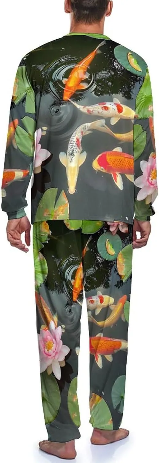 Japanese Fish Lotuses Men's Pajama Set Comfy Pj Sets Long Sleeve Top And Trousers Loungewear Two-Piece Sleepwear