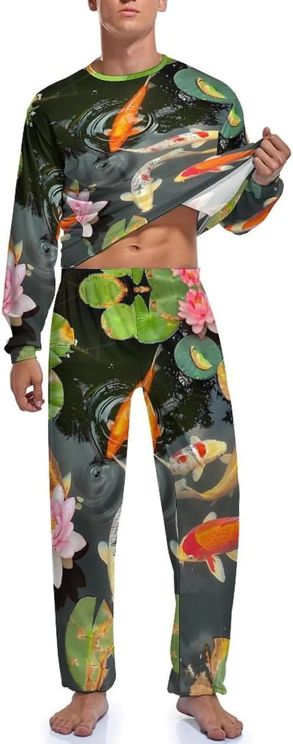 Japanese Fish Lotuses Men's Pajama Set Comfy Pj Sets Long Sleeve Top And Trousers Loungewear Two-Piece Sleepwear