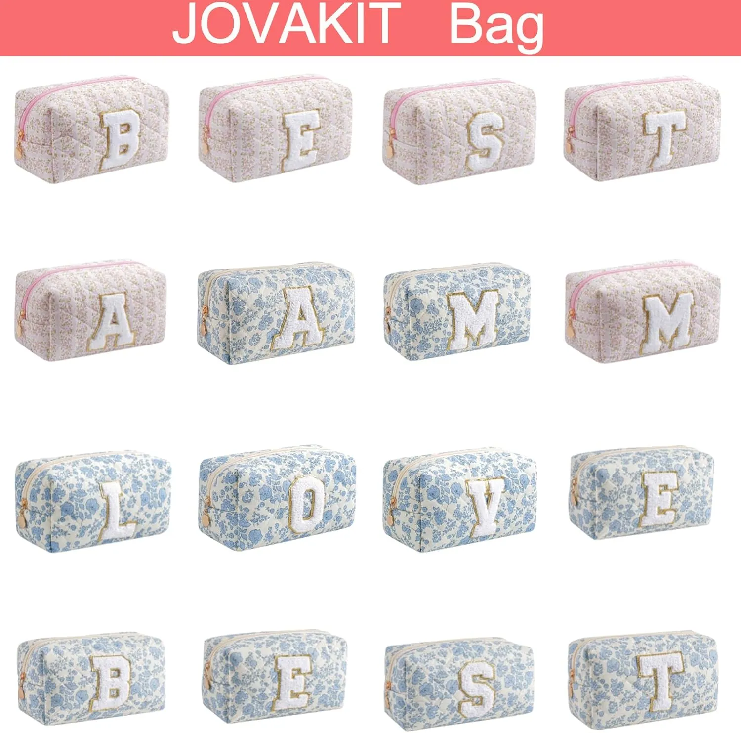 JOVAKIT Alphabet Makeup Bag Cosmetic Bag for Women, Christmas Gifts for Girls Age 6-18, Floral Flowers Coquette Travel Toiletry Zipper Make Up Pouch Organizer Trendy Stuff (Pink Floral A)
