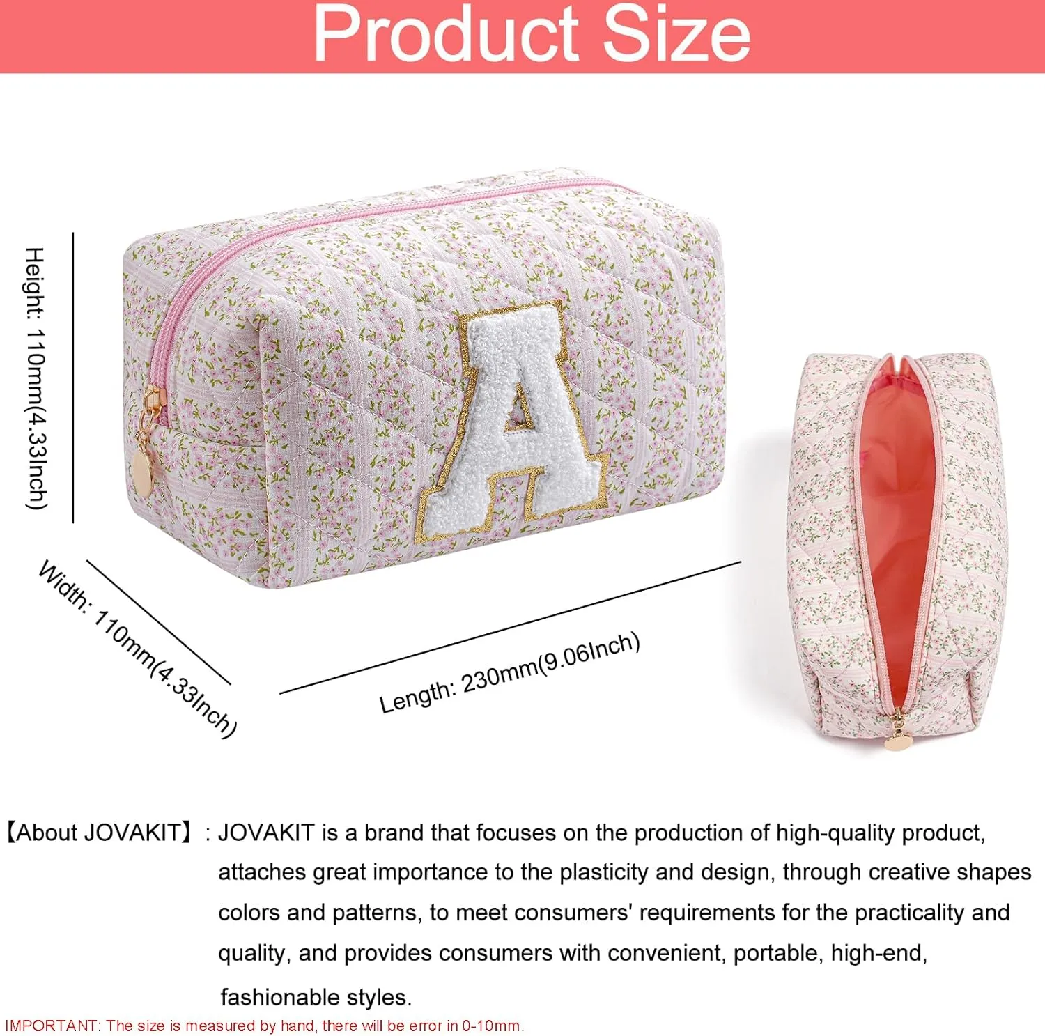 JOVAKIT Alphabet Makeup Bag Cosmetic Bag for Women, Christmas Gifts for Girls Age 6-18, Floral Flowers Coquette Travel Toiletry Zipper Make Up Pouch Organizer Trendy Stuff (Pink Floral A)