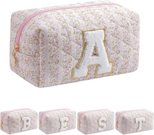 JOVAKIT Alphabet Makeup Bag Cosmetic Bag for Women, Christmas Gifts for Girls Age 6-18, Floral Flowers Coquette Travel Toiletry Zipper Make Up Pouch Organizer Trendy Stuff (Pink Floral A)