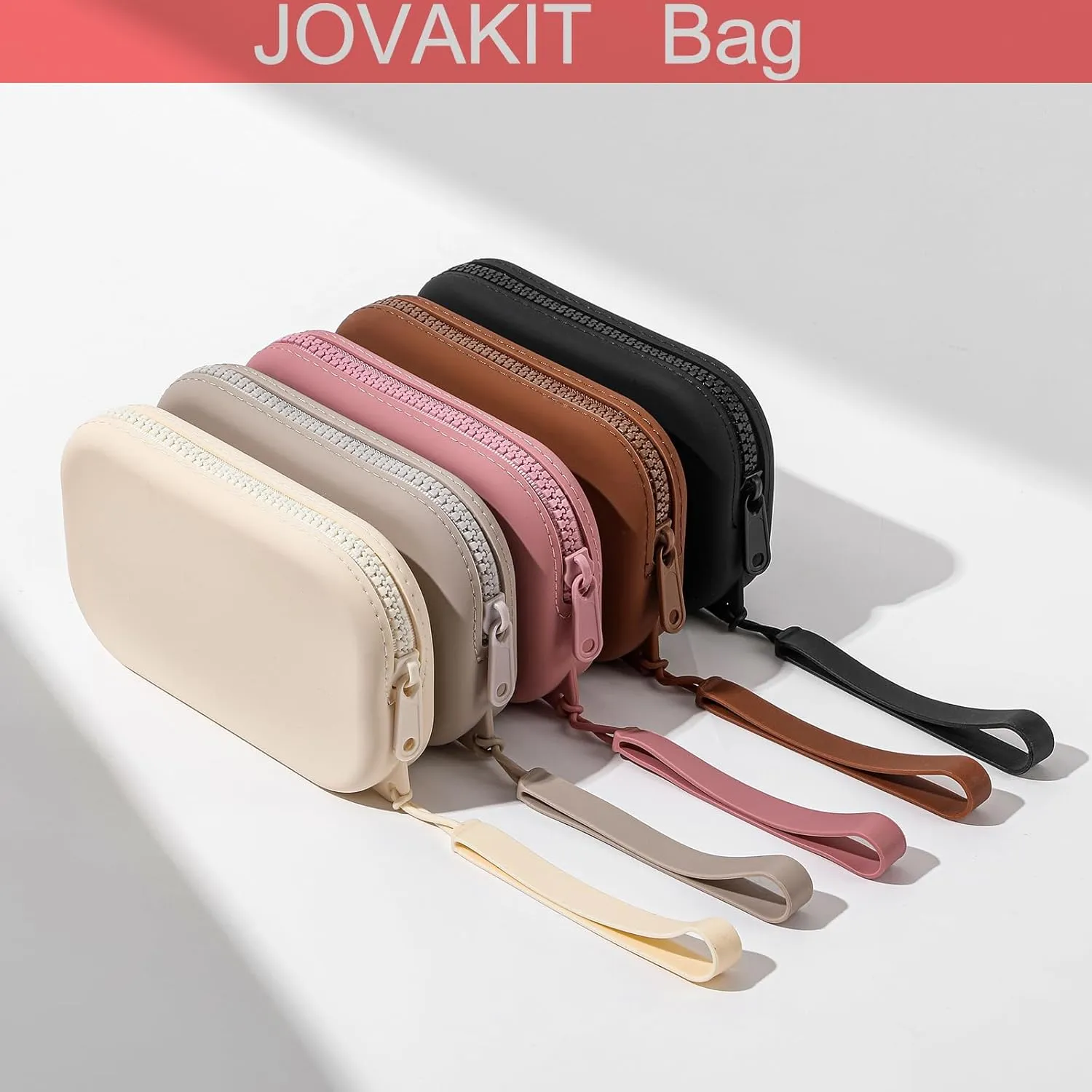 JOVAKIT Small Portable Silicone Makeup Bag for Women, Travel Waterproof Toiletry Cosmetic Bag Gifts for Women, Zipper Closure Makeup Case with Handle (Brown)
