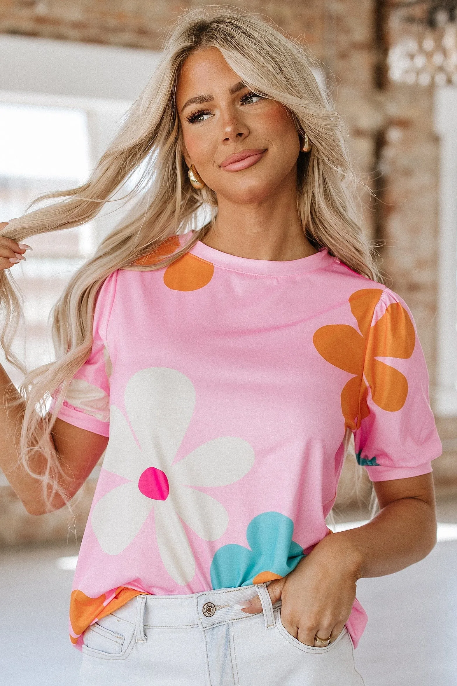 Kenzie Flower Print Bubble Sleeve Top