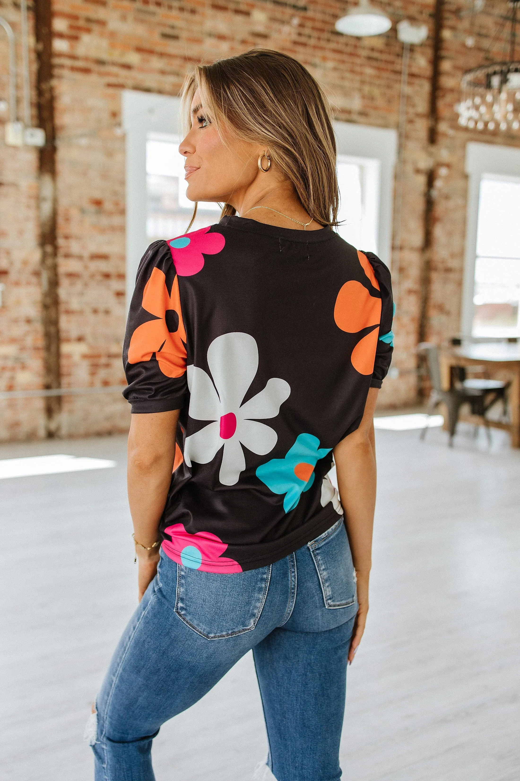 Kenzie Flower Print Bubble Sleeve Top