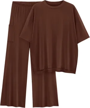 KIRUNDO Womens 2 Piece Outfits 2025 Summer Casual Loose Short Sleeve Pullover Tops & Wide Leg Pants Lounge Sets Tracksuit
