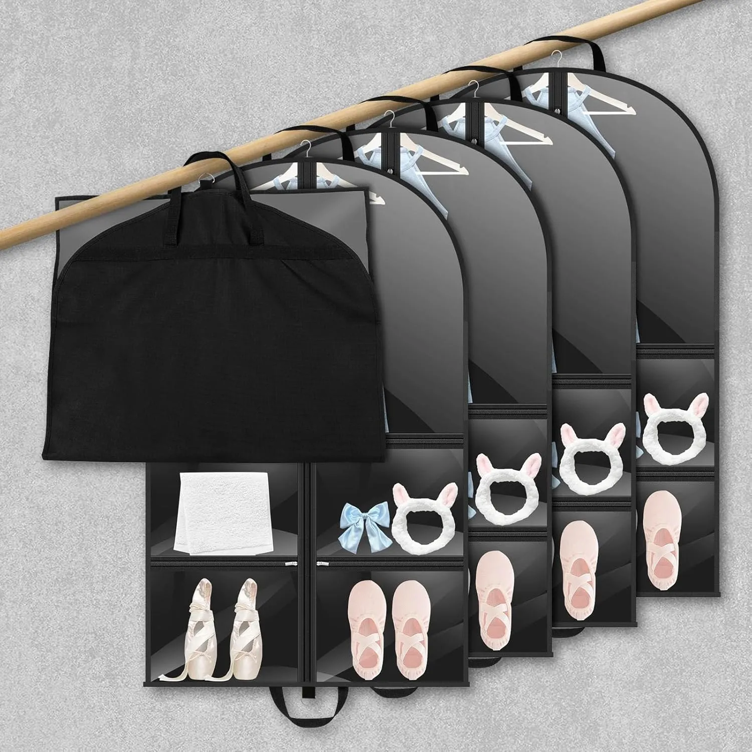 KTZCTPC 5Pcs Dance Garment Bags, Clear Dress Bag for Dance Costumes, Hanging Clothes Cover with 4 Large Zipper Pockets, Kids Garment Bags for Hanging Clothes, Closet Storage, Dance Competition