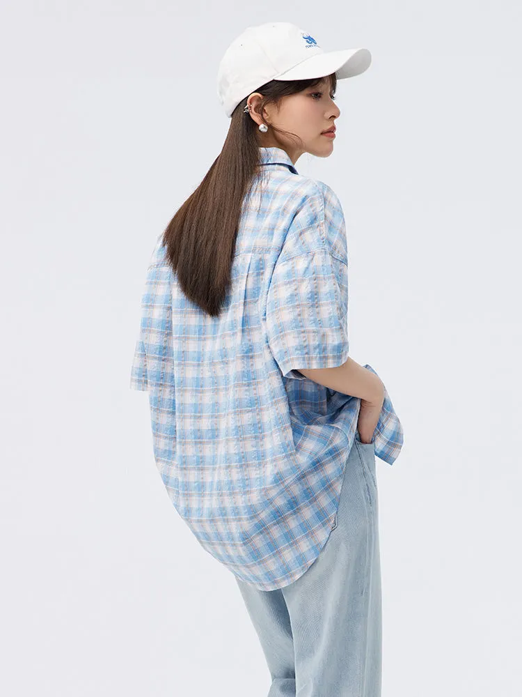 Ladies Yarn Puff Plaid Shirt